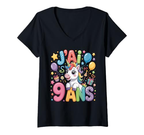 Damen Enfant Unicorn Enfant 9ans Anniversaire Garcon Licorne Mädchen T-Shirt mit V-Ausschnitt von J'ai 9 Ans licorne Anniversaire