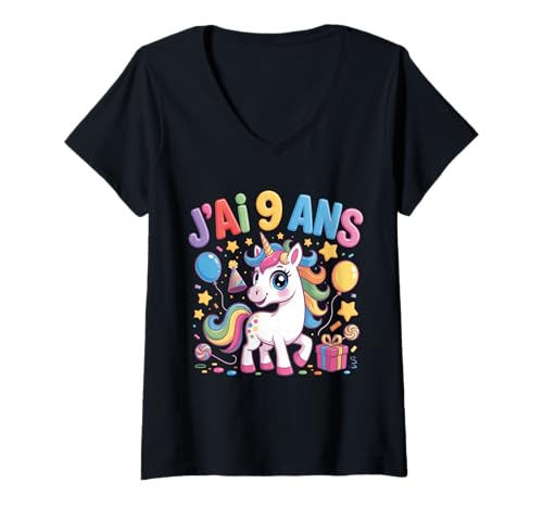 Damen Enfant Unicorn Enfant 9ans Anniversaire Garcon Licorne Mädchen T-Shirt mit V-Ausschnitt Damen Enfant Unicorn Enfant 9ans Anniversaire Garcon Licorne Mädchen T-Shirt mit V-Ausschnitt von J'ai 9 Ans licorne Anniversaire