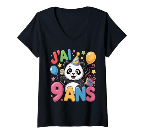 Damen Enfant Panda Enfant 9ans Anniversary Garcon Fille Panda T-Shirt mit V-Ausschnitt Damen Enfant Panda Enfant 9ans Anniversary Garcon Fille Panda T-Shirt mit V-Ausschnitt von J'ai 9 Ans panda Anniversaire