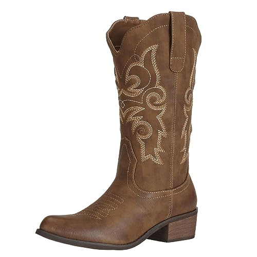 J's.o.l.e Cowgirl-Cowboystiefel für Damen, Leder, mittelbreit, Wade, Landhaus-Reiten, Western-Hochzeitsschuhe, braun, 40 EU von J's.o.l.e