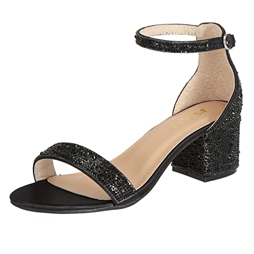 J's.o.l.e Damen Glitzernde offene Zehen Niedriger Blockabsatz Strass Kleid Sandalen Hochzeit Schuhe für Braut, Schwarz, 37 EU von J's.o.l.e
