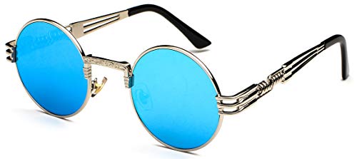J&L Glasses Retro Klassisches Sonnenbrillen Brille mit Fensterglas Damen Herren Brillenfassung UV-Schutz, Sonnenbrillen Unisex Modische Fahrer für, Autofahren, Outdoor Sport, Steampunk (Blue sliver) von J&L Glasses