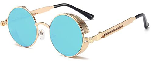 J&L Glasses Retro Sonnenbrille im Steampunk Stil Runde Metallrahmen Polarisiert Brille Herren Damen(golden blau) von J&L Glasses