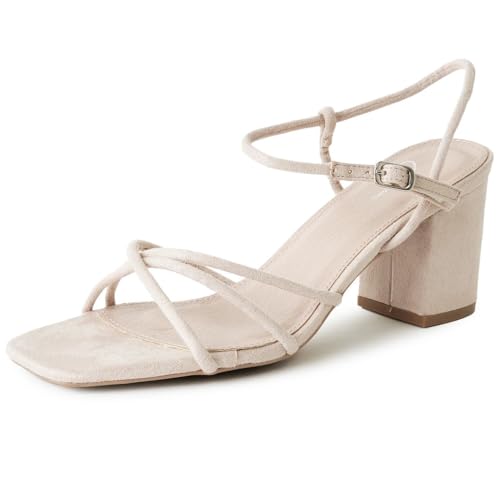 J. Adams Camila Sandalen für Damen - Quadratische offene Zehe Riemchen Mid Block Heels, Hautfarbenes veganes Wildleder, 38.5 EU von J. Adams