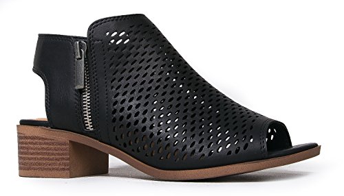 J. Adams Comfortable Perforated Flat Bootie – Casual Open Toe Low Stacked Heel - Cut Out Side Zipper Shoe - Tracy von J. Adams