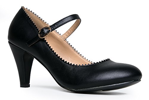 J. Adams Honey Heels für Damen – runde Zehenpartie, gewellter Rand, Retro-Mary Jane Pumps, Veganes Leder, Schwarz, 38.5 EU von J. Adams