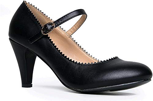 J. Adams Honey Heels für Damen – runde Zehenpartie, gewellter Rand, Retro-Mary Jane Pumps, Veganes Leder, Schwarz, 43 EU von J. Adams