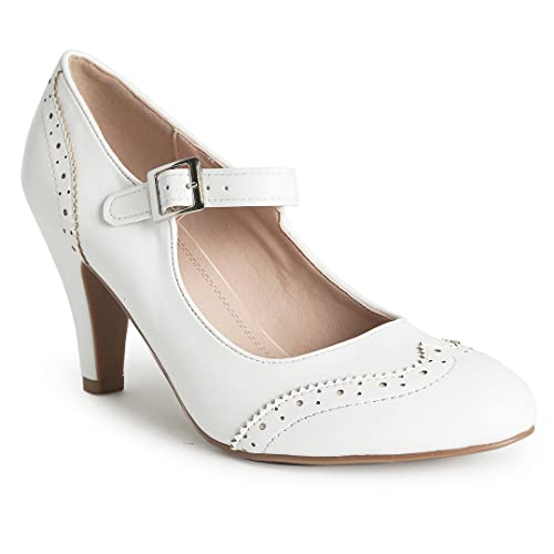 J. Adams Mary Jane Oxford-Pumps – Niedliche niedrige Kitten-Heels – Retro-Schuh mit runder Zehenpartie und Knöchelriemen – Kym, Weißes Pu, 40.5 EU von J. Adams