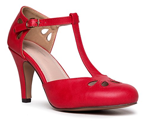 J. Adams Pepper Mary Janes – Vintage Cutout Low Kitten Heels Retro T Strap Pumps, Rot (Red Pu), 36.5 EU von J. Adams