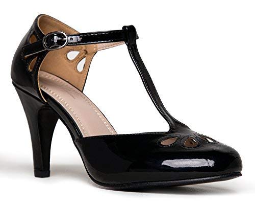 J. Adams Pepper Mary Janes – Vintage Cutout Low Kitten Heels Retro T Strap Pumps, Schwarz (schwarzer lack), 40.5 EU von J. Adams