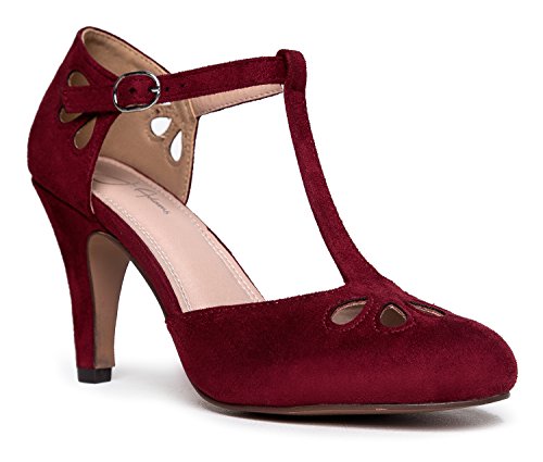 J. Adams Pepper Mary Janes – klassischer Ausschnitt, niedriger Kitten-Heel-Absatz, T-Riemen-Pumps im Retrostil, Rot (Burgundy Suede), 37 EU von J. Adams