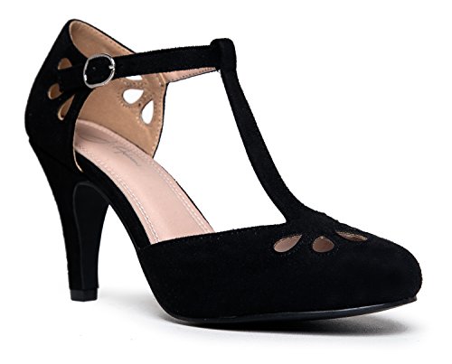 J. Adams Pepper Mary Janes – klassischer Ausschnitt, niedriger Kitten-Heel-Absatz, T-Riemen-Pumps im Retrostil, Schwarz (schwarze Velourslederoptik), 38 EU von J. Adams