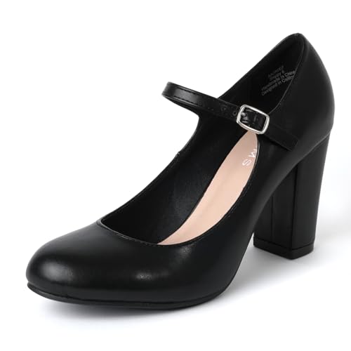 J. Adams Skippy Heels für Damen – Runde Zehenpartie, klobig, hoher Absatz, Mary Jane Pumps, Veganes Leder, Schwarz, 43 EU von J. Adams