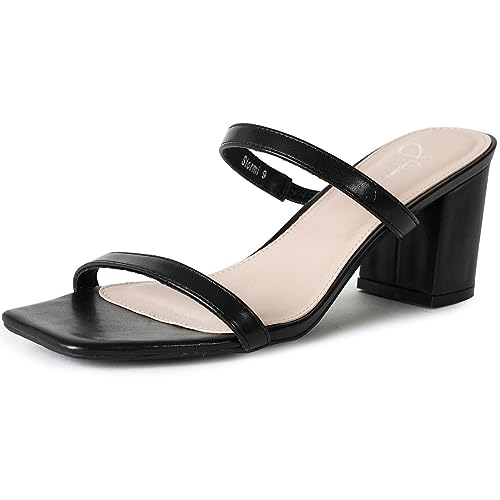 J. Adams Stormi Pantoletten für Damen – Sandalen mit quadratischem Zehenbereich, Doppelband, niedriger Blockabsatz, Veganes Leder, Schwarz, 40.5 EU von J. Adams