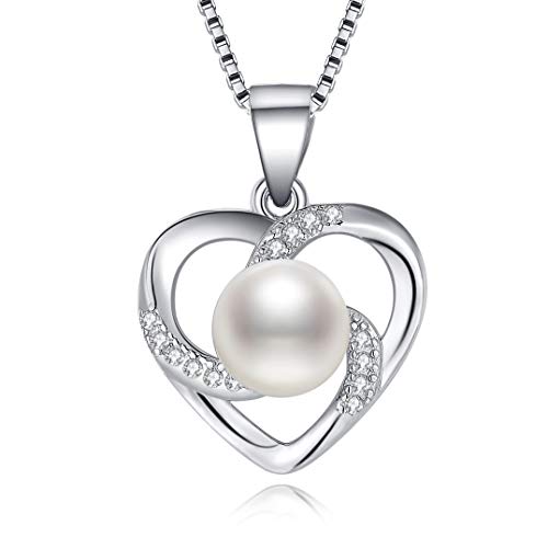 J.Vénus Damen Schmuck, Perle Kette Damen Halskette 925er Silber Herz Anhänger, 925 Sterling Silber Zirkonia, Kettenlänge 45cm von J. Vénus