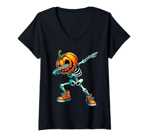 Damen Dabbing Kürbiskopf Skelett Halloween Kostüm T-Shirt mit V-Ausschnitt Damen Dabbing Kürbiskopf Skelett Halloween Kostüm T-Shirt mit V-Ausschnitt von J. Walker