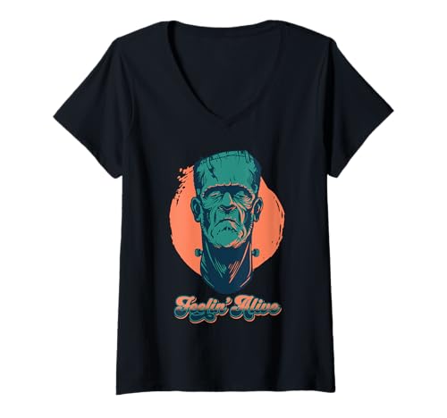 Damen Feelin' Alive Frankenstein Monster Halloween Grafik T-Shirt mit V-Ausschnitt Damen Feelin' Alive Frankenstein Monster Halloween Grafik T-Shirt mit V-Ausschnitt von J. Walker