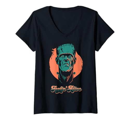 Damen Feelin' Alive Frankenstein Monster Halloween Grafik T-Shirt mit V-Ausschnitt Damen Feelin' Alive Frankenstein Monster Halloween Grafik T-Shirt mit V-Ausschnitt von J. Walker