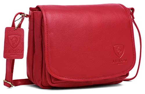 J. Wilson London - Designer-Umhängetasche aus echtem Used-Look, Retro, Vintage, Jägerleder, handgefertigt, für Damen, Unisex, Überschlagtasche, für den Alltag, rot, Medium von J. Wilson London