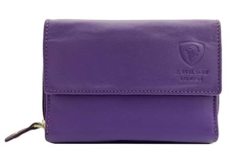 J. Wilson London RFID-sichere Designer-Ledergeldbörse für Damen, Karte, mit Reißverschlussfach, violett, M, Zeitgenössisch von J. Wilson London
