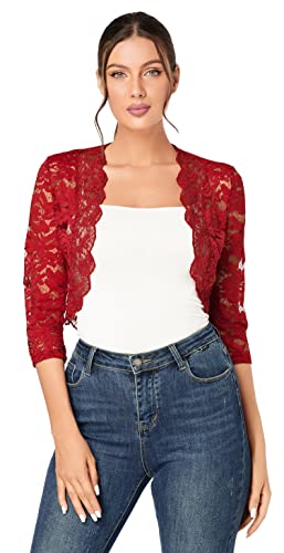 J.Corrine Damen Bolero 3/4 Langarm Spitzen Bolero Hochzeit Bolero Festlich Kurz Jäckchen Weinrot L von J.Corrine