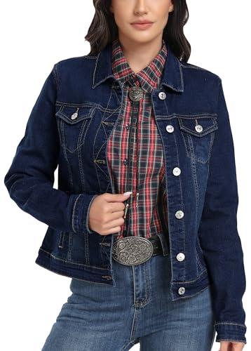 J.Corrine Jeansjacke Damen, Dehnbare Damen-Jeansjacke mit Langen Ärmeln, Vintage, Basic, Trendige Button-up-Trucker-Jeansjacken mit Taschen Dunkel-Blau L von J.Corrine