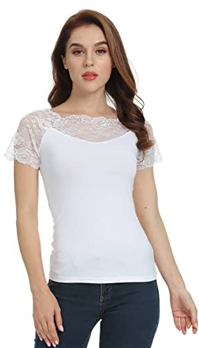 J.Corrine Damen Bluse Kurzarm Transparente Spitzenbluse Sommer Sexy Rundhals T-Shirts von J.Corrine