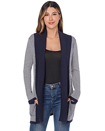 J.Corrine Strickjacke Damen Lang Revers Strickmantel Vorne Offen Strickpullover Langarm mit Taschen Strickpulli Winter Strickcardigan Dunkelblau-Beige L von J.Corrine