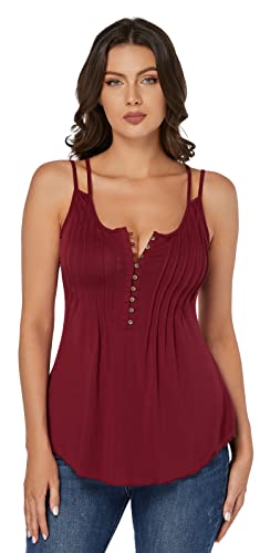 J.Corrine Top Damen Sexy Trägertop Spaghettiträger Tank Top Elegant V-Ausschnitt Oberteile Shirt mit Plissee Weinrot M von J.Corrine