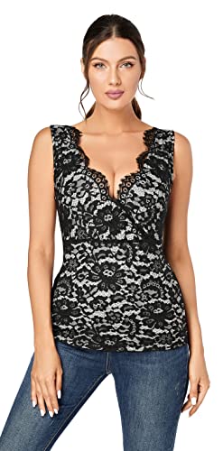 J.Corrine Top Damen Sommer Spitzenoberteile V-Ausschnitt Bluse Sexy Ärmellose Tunika Schwarz S von J.Corrine