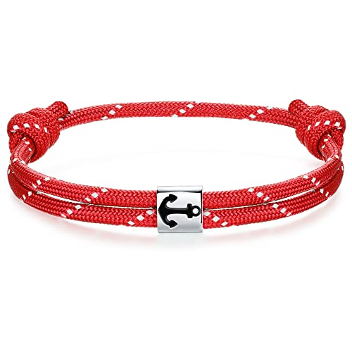 J.Endéar Anker Armband Silber 925 für Herren Damen, Nautical Marine Paracord Armband Männer Jungen, Partner Freunde Segeltau Surfer Schmuck Geschenk, Rot von J.Endéar