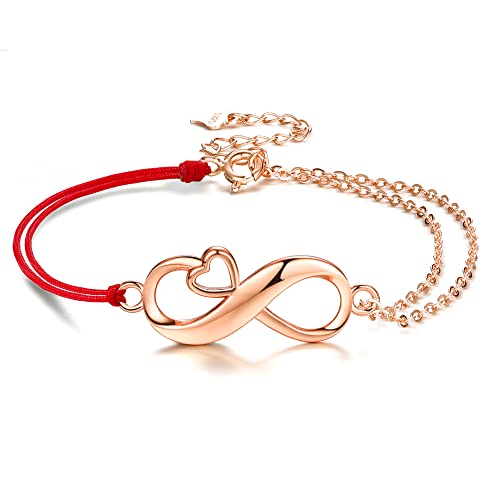 J.Endéar Infinity Armband Damen Herz Unendlichkeit Liebe Silber 925 filigrane Kordel Doppelkette Schmuck Valentinstag Geburtstagsgeschenk mit Schmuckschatulle (Roségold, Rote Kordel) von J.Endéar