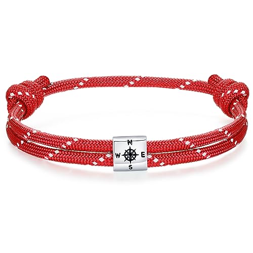 J.Endéar Kompass Nautische Paracord Armband für Herren, Silber 925 Handgefertigtes Seil Unisex Armband Surfer Sommer Strand Schmuck Partner Freundschaft Geschenk, Rot von J.Endéar