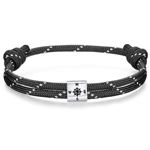 J.Endéar Kompass Nautische Paracord Armband für Herren, Silber 925 Handgefertigtes Seil Unisex Armband Surfer Sommer Strand Schmuck Partner Freundschaft Geschenk, Schwarz von J.Endéar