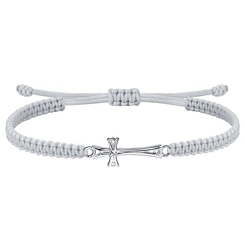 J.Endéar Kreuz Armband Silber 925 für Damen, Handgefertigtes Geflochtenes Armband Verstellbare Kordel Kommunion Geschenk Mädchen Christlicher Geist Schmuck für Herren Männer, Grau von J.Endéar