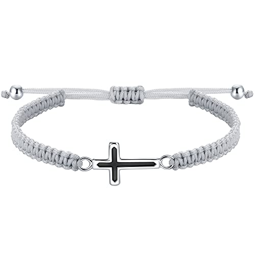 J.Endéar Kreuz Armband für Damen, Silber 925 Handgefertigtes Filigranes Armband Verstellbare Kordel Schmuck Kommunion Geschenk für Mädchen Glücksamulett für Herren Männer, Grau von J.Endéar