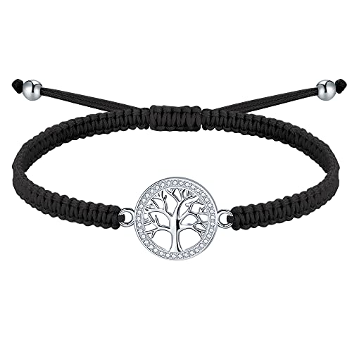 J.Endéar Glücksschnur Armband, Lebensbaum Armband für Damen, Mädchen Schmuck Silber 925 mit Zirkon, Handgefertigtes geflochtenes Armband Verstellbar, Schwarz von J.Endéar