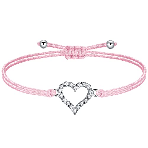 J.Endéar Mädchen Armband Herz Silber 925 mit Zirkonia Mehrfarbige filigrane Kordel Handgefertigter Schmuck, Geburtstag Kommunion Geschenk, Rosa von J.Endéar