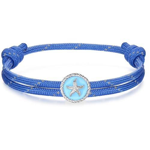 J.Endéar Surfer Seestern Armband für Herren Damen | Wasserfestes & verstellbares Paracord Armband Silber 925 | Jungen Geschenk Sommer Strand Sport Schmuck, Blau von J.Endéar