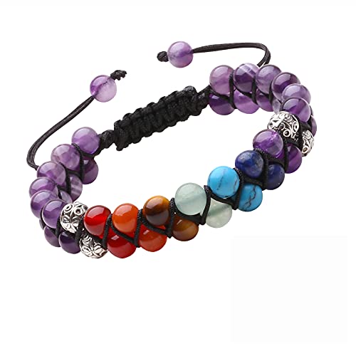 J.Fée Armband Damen Chakra Armband Herren Echtes Amethyst Edelstein Armband 6mm Verstellbares Doppeltes Naturstein Armband Perlenarmband Stein Armband Geburtstag Weihnachten Geschenk für Damen Herren von J.Fée