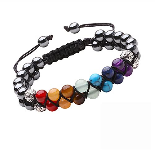 J.Fée Armband Damen Chakra Armband Herren Echtes Hämatit Edelstein Armband 6mm Verstellbares Doppeltes Naturstein Armband Perlenarmband Stein Armband Geburtstag Weihnachten Geschenk für Damen Herren von J.Fée