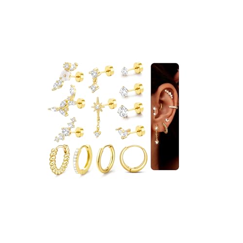 J.Fée Ohrringe Gold, Helix Piercings Ohr Ohrstecker Gold Ohrstecker, Damen Ohrringe Set Piercings Ohr Damenohrringe Geschenke für Frauen, 13Pcs von J.Fée