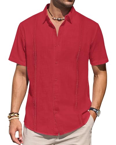 Herren-Leinenhemd, kurzärmelig, Knopfleiste, lässig, leicht, einfarbig, stilvoll, kubanisches Guayabera-Strand-Top, Rot/Ausflug, einfarbig (Getaway Solids), 4X-Groß von J.VER
