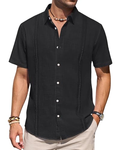 Herren-Leinenhemd, kurzärmelig, Knopfleiste, lässig, leicht, einfarbig, stilvoll, kubanisches Guayabera-Strand-Top, Schwarz, XL von J.VER