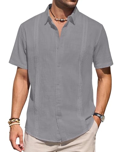 Herren-Leinenhemd, kurzärmelig, Knopfleiste, lässig, leicht, einfarbig, stilvoll, kubanisches Guayabera-Strand-Top, grau dunkel, X-Large von J.VER