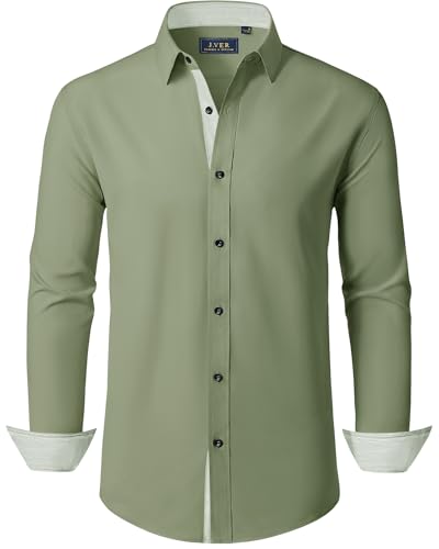 J.VER Anzughemd Stretch Modern Fit Bügelfrei Herrenhemden Langarm Business Hemd für Festliche Anlässe, Arbeitshemden Smokinghemd,Graugrün,M von J.VER