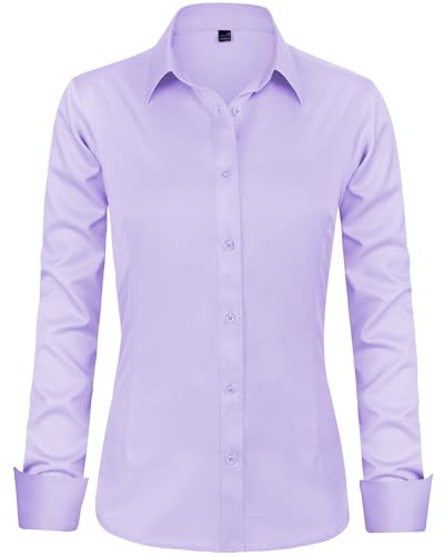J.VER Bluse Damen Basic Langarm Stretch Hemdbluse Damen Bluse Leicht Tailliert mit Stretch Elegant Formelle Kragen Tops,Lila,XL von J.VER