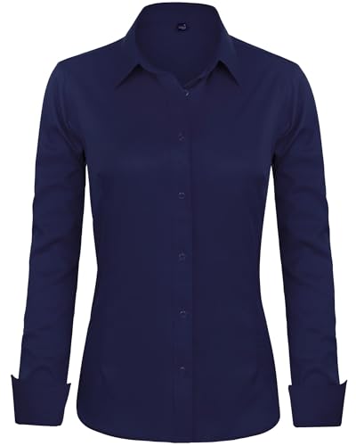 J.VER Bluse Damen Basic Langarm Stretch Hemdbluse Damen Bluse Leicht Tailliert mit Stretch Elegant Formelle Kragen Tops,Navy Blau,L von J.VER