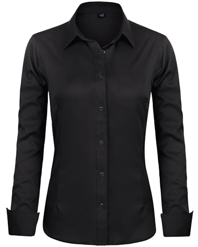 J.VER Bluse Damen Casual Business Bluse Damen Button Down Shirts Klassische Langarm Kragen Tops Bügelleichtes Modern Oberteil,Schwarz,XS von J.VER