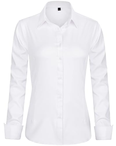 J.VER Bluse Damen Casual Business Bluse Damen Button Down Shirts Klassische Langarm Kragen Tops Bügelleichtes Modern Oberteil,Weiß,L von J.VER